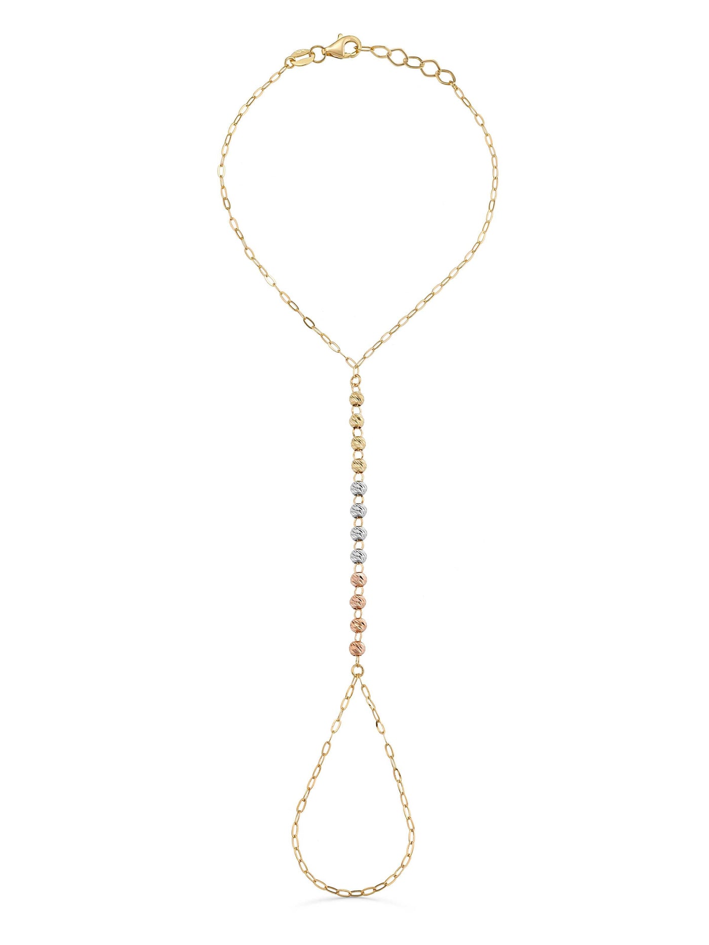 Tri-Color Row Dorika Bead Hand Chain in 14K Gold by Elef Jewelry