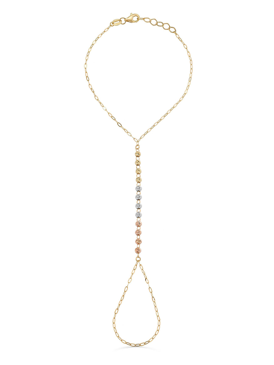 Tri-Color Row Dorika Bead Hand Chain in 14K Gold