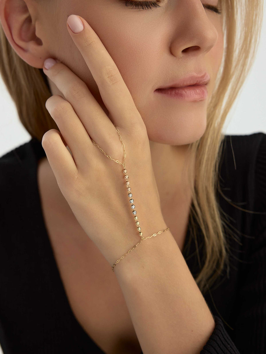 Tri-Color Row Dorika Bead Hand Chain in 14K Gold