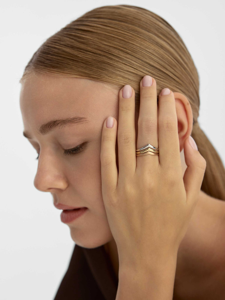 Three Multicolor V Form Minimal Ring in 14K Gold