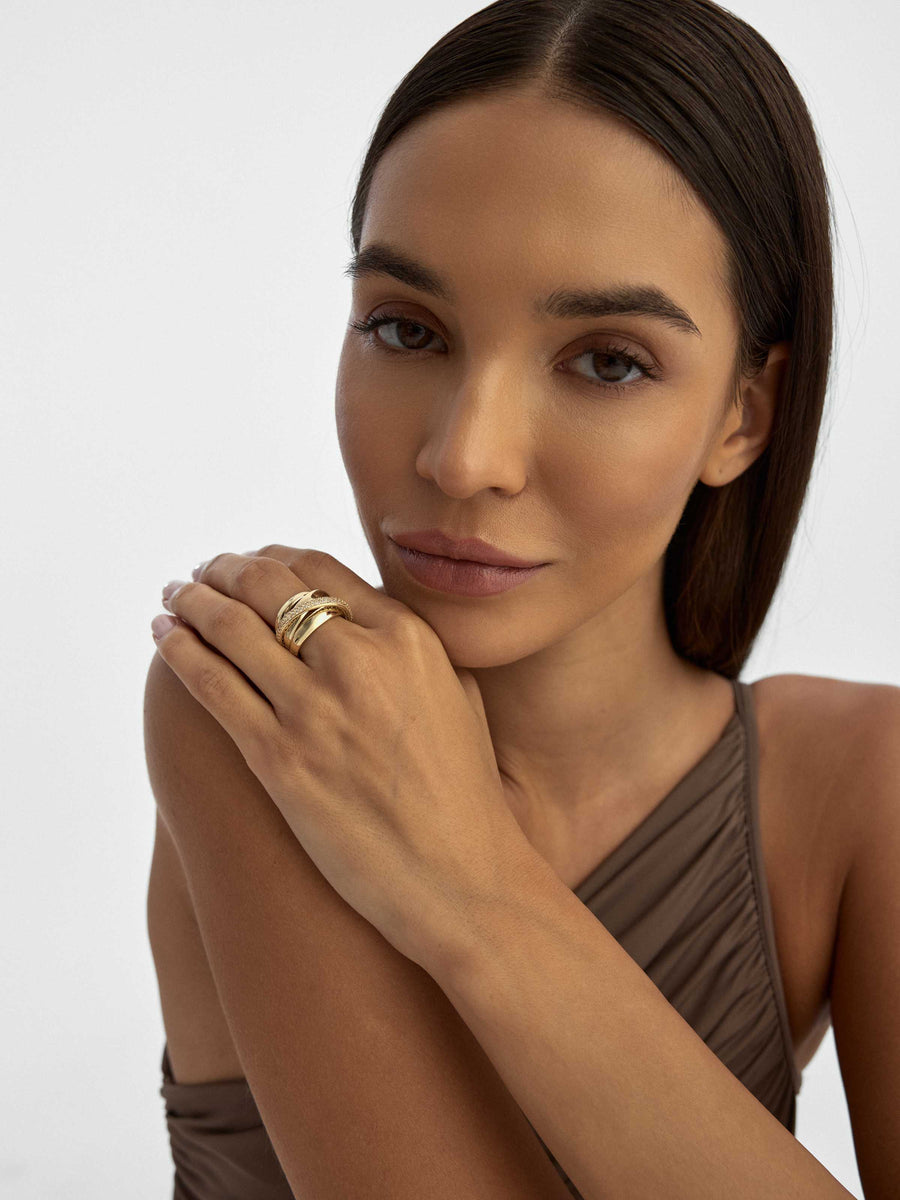 Three Row Flat Bir Stone-Set Ring in 14K Gold