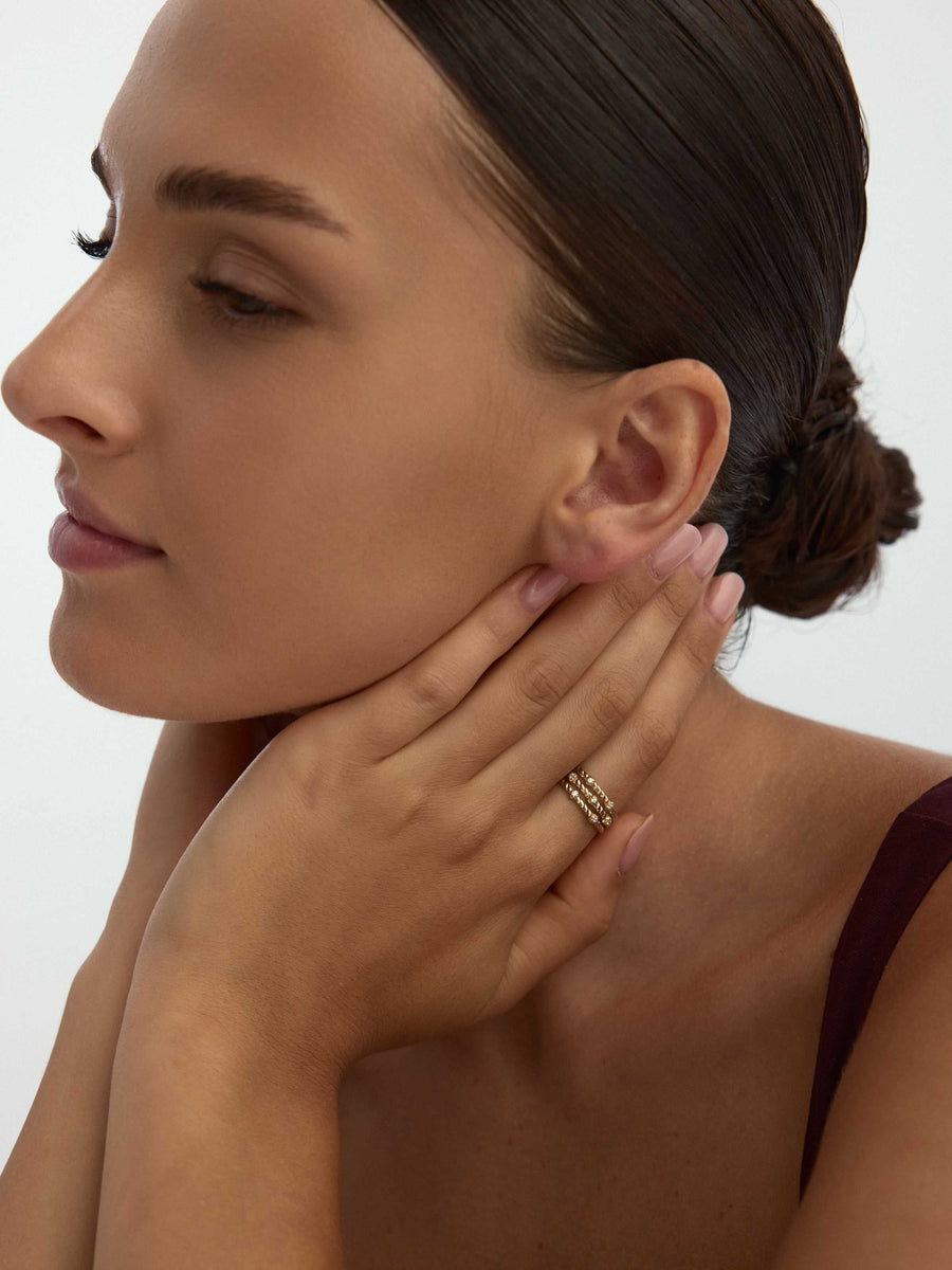 Three Row Twisted Form Stone Ring in 14K Gold