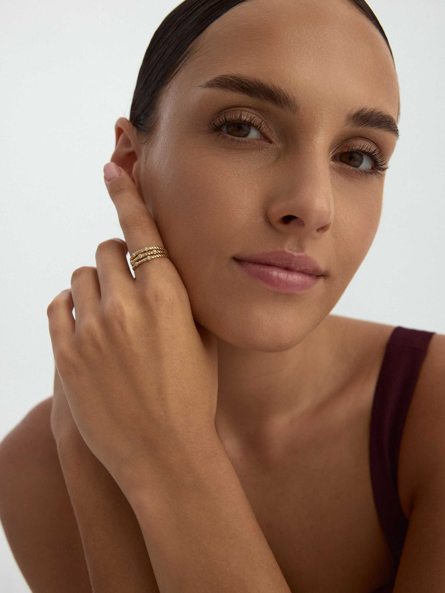 Three Row Twisted Form Stone Ring in 14K Gold