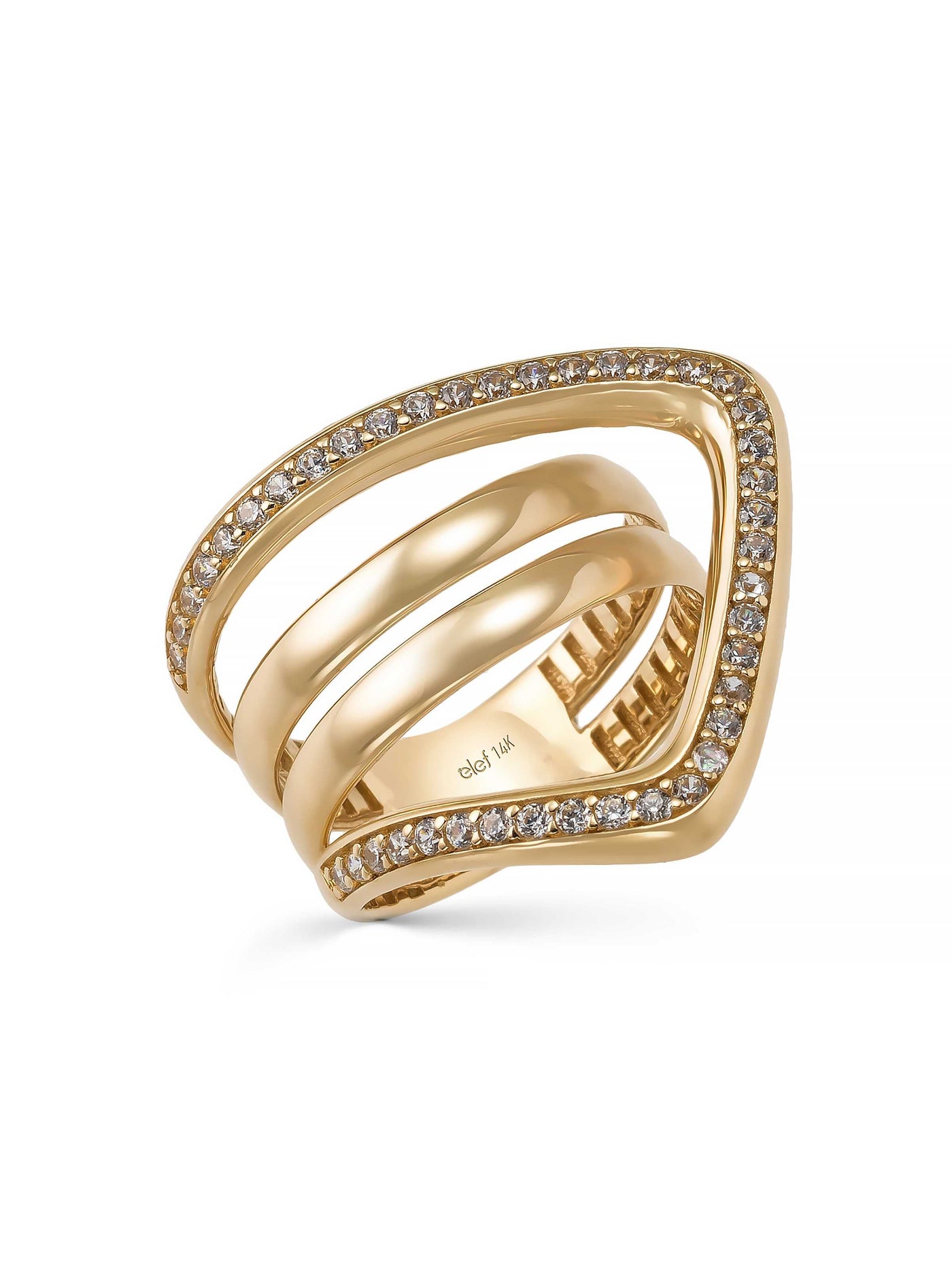 Three Row Modern V Form Stone Ring in 14K Gold by Elef Jewelry