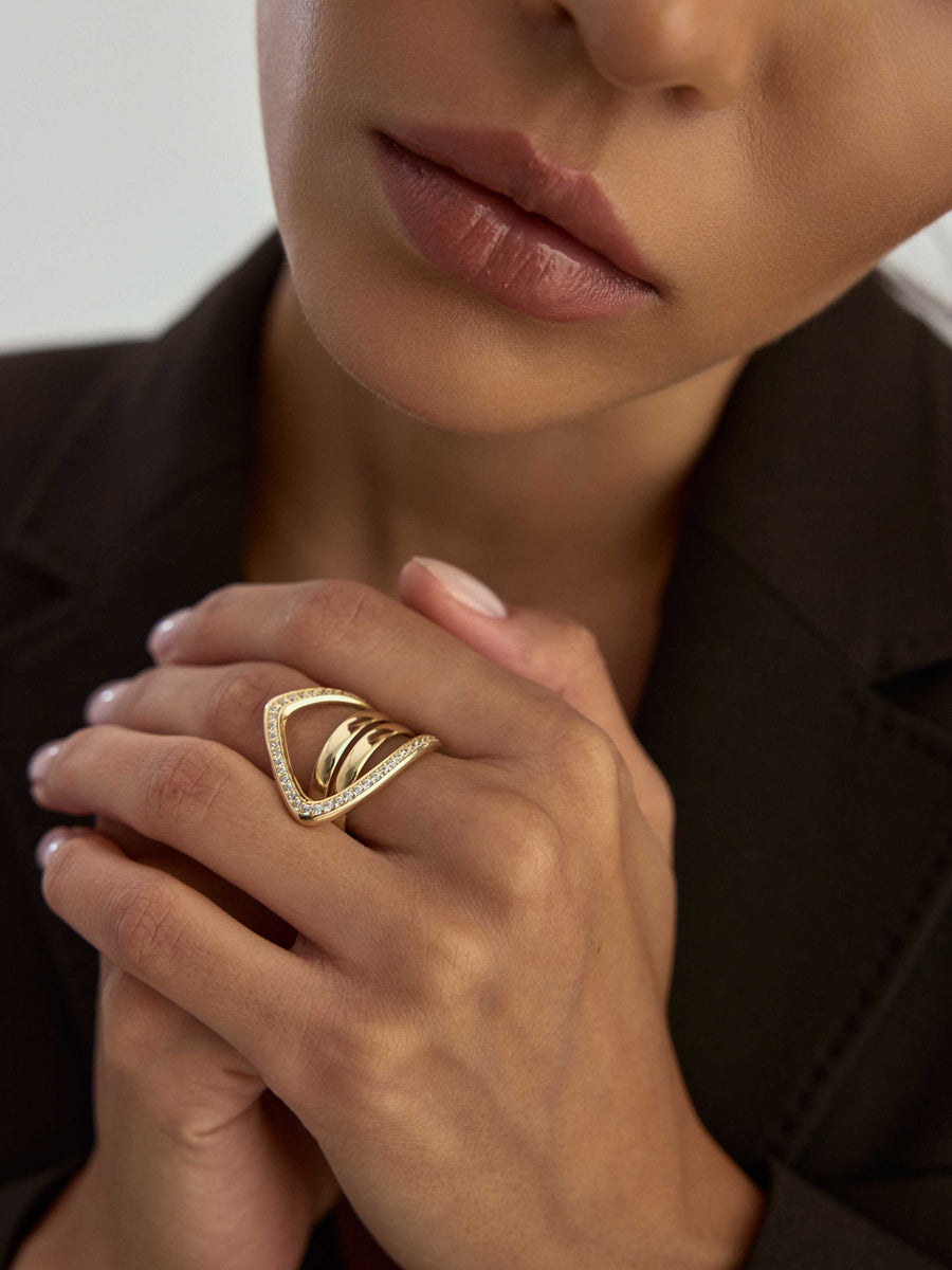 Three Row Modern V Form Stone Ring in 14K Gold