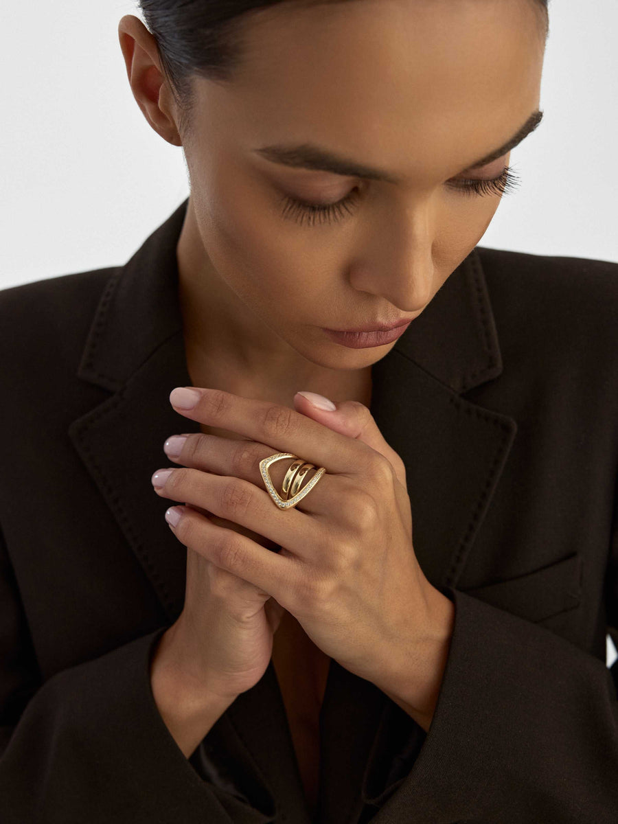 Three Row Modern V Form Stone Ring in 14K Gold