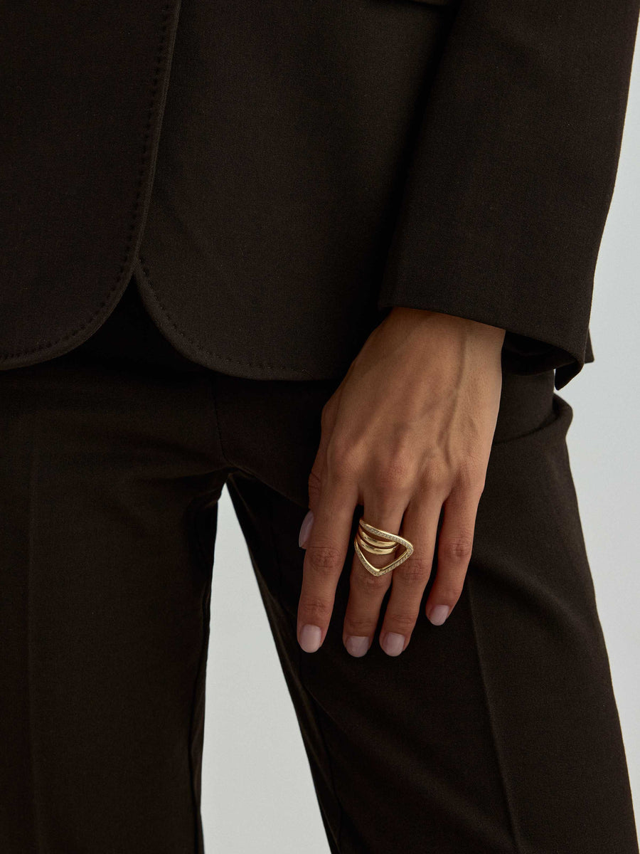 Three Row Modern V Form Stone Ring in 14K Gold