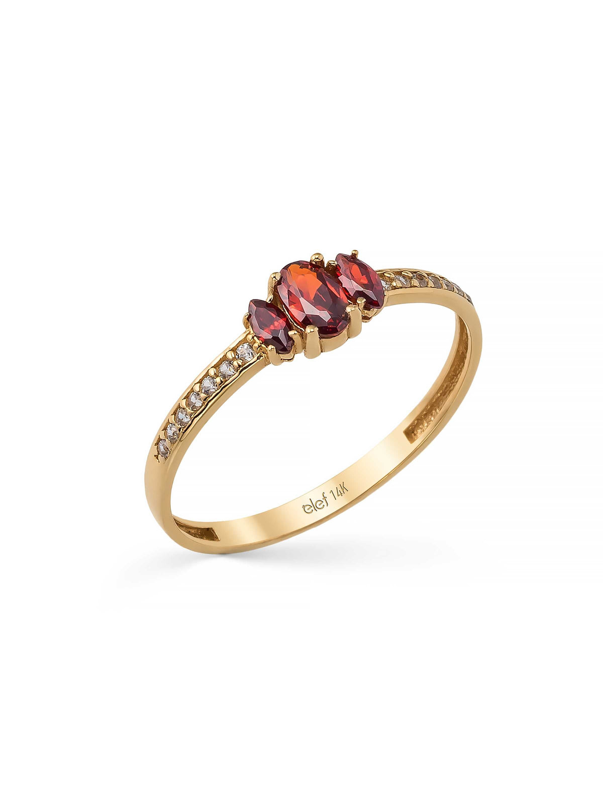 Three Stone Burgundy Zircon & Baguette Stone-Set Ring in 14K Gold by Elef Jewelry