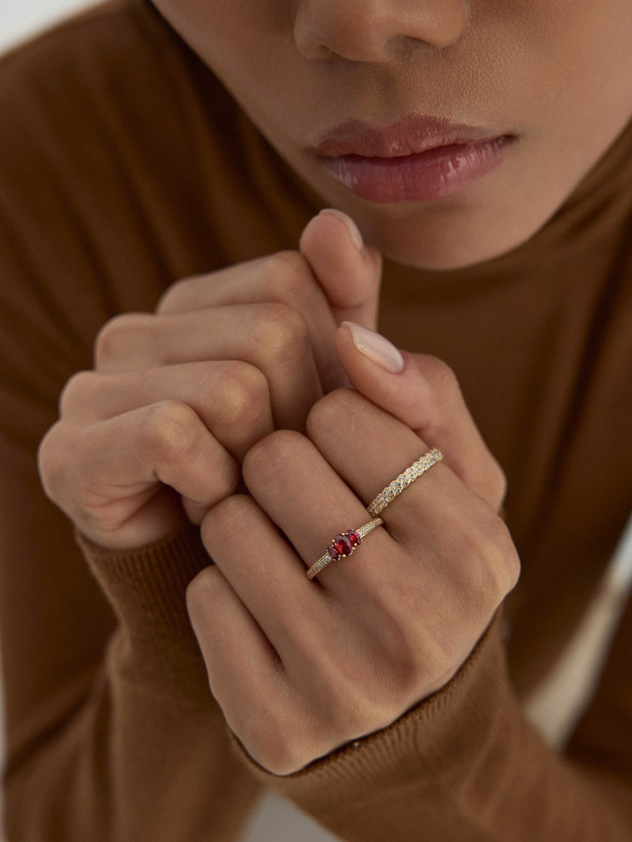Three Stone Burgundy Zircon & Baguette Stone-Set Ring in 14K Gold