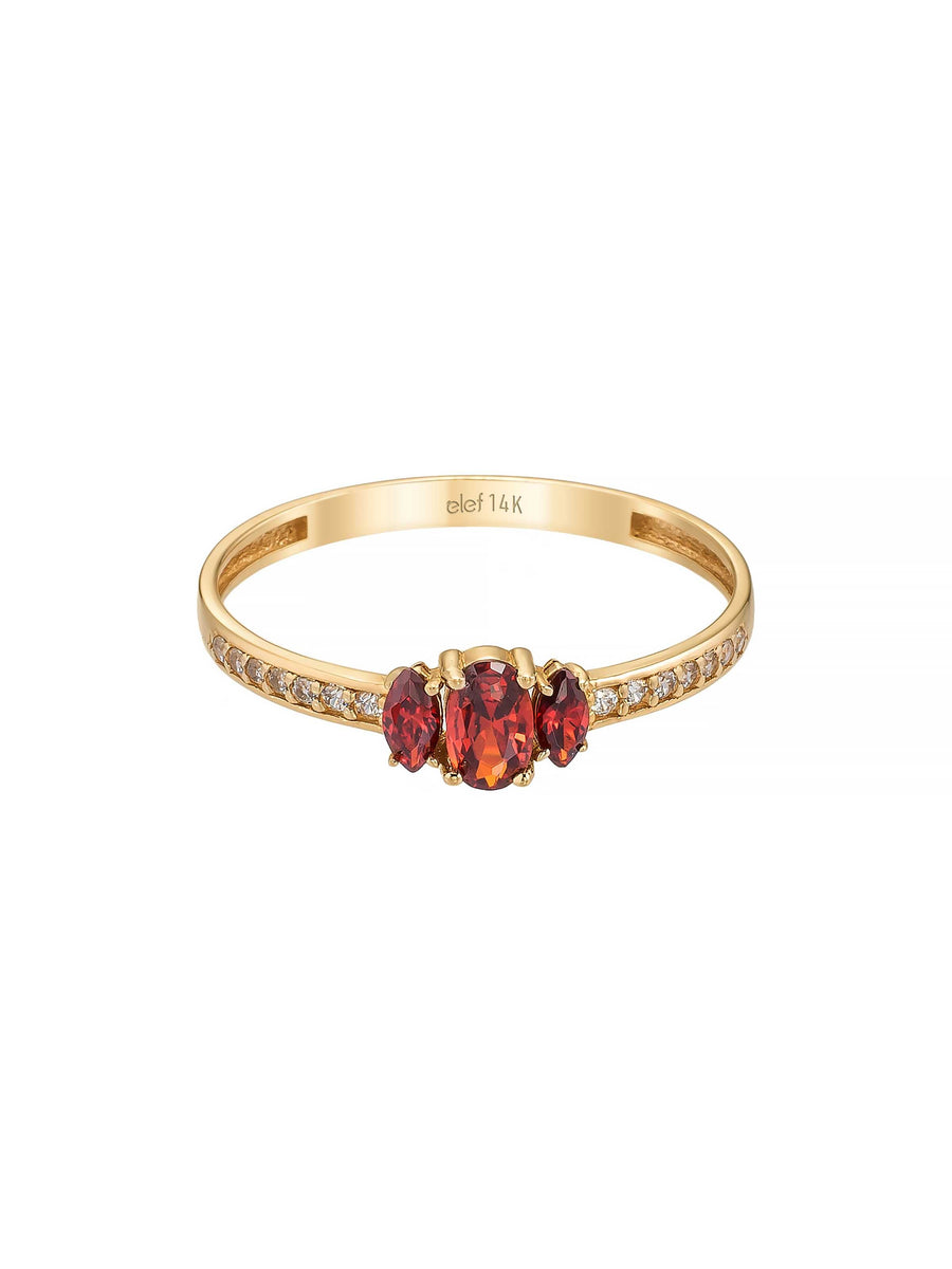 Three Stone Burgundy Zircon & Baguette Stone-Set Ring in 14K Gold