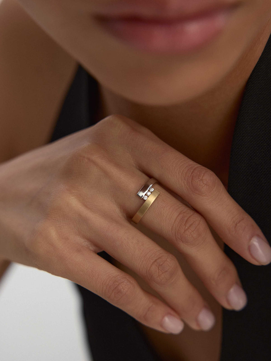 Three Stone Modern Two Color Ring in 14K Gold