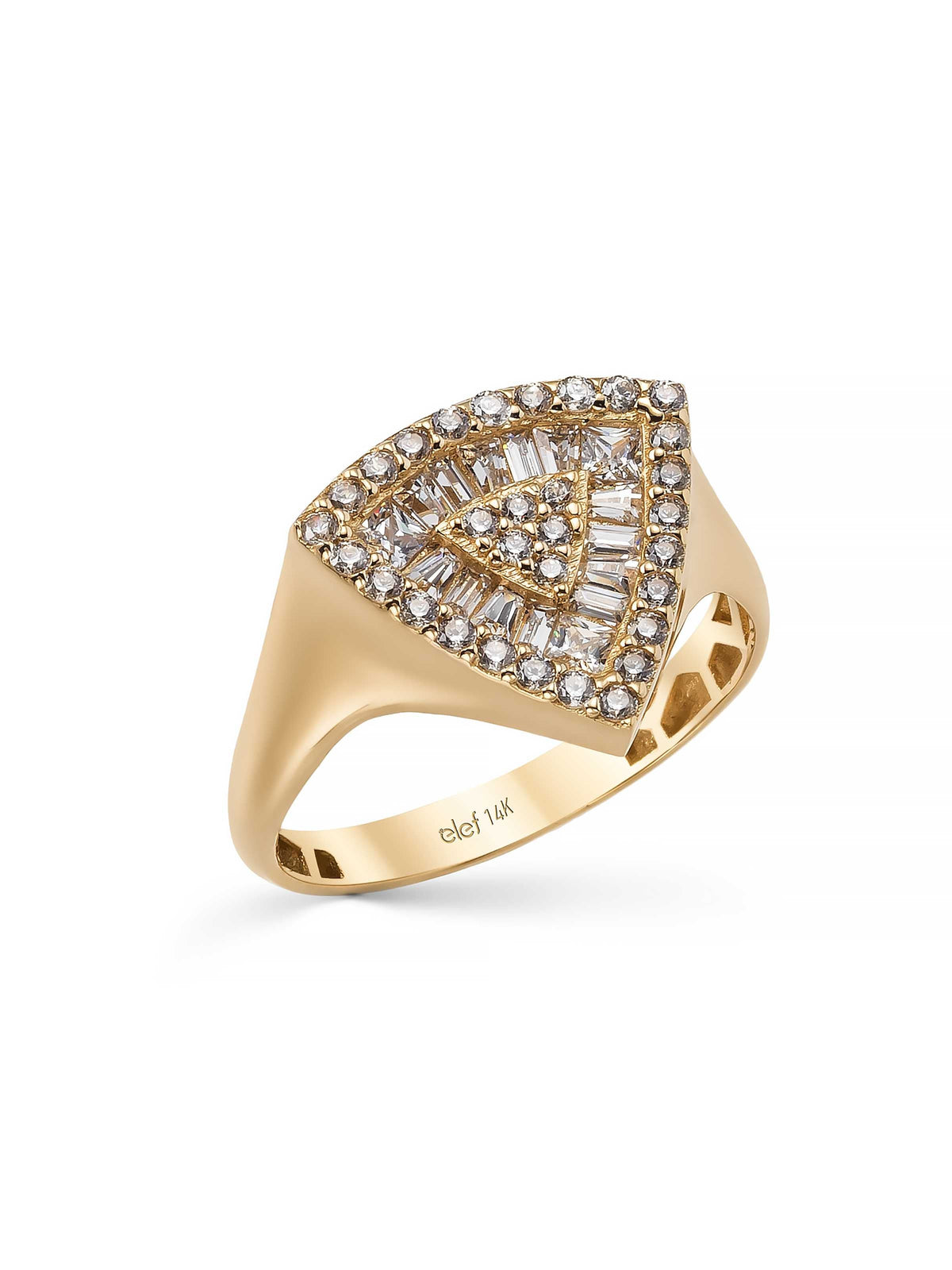 Triangle Form Baguette & Round-Cut Stone Ring in 14K Gold by Elef Jewelry