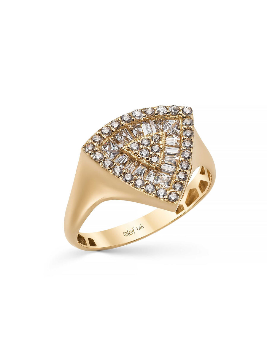 Triangle Form Baguette & Round-Cut Stone Ring in 14K Gold