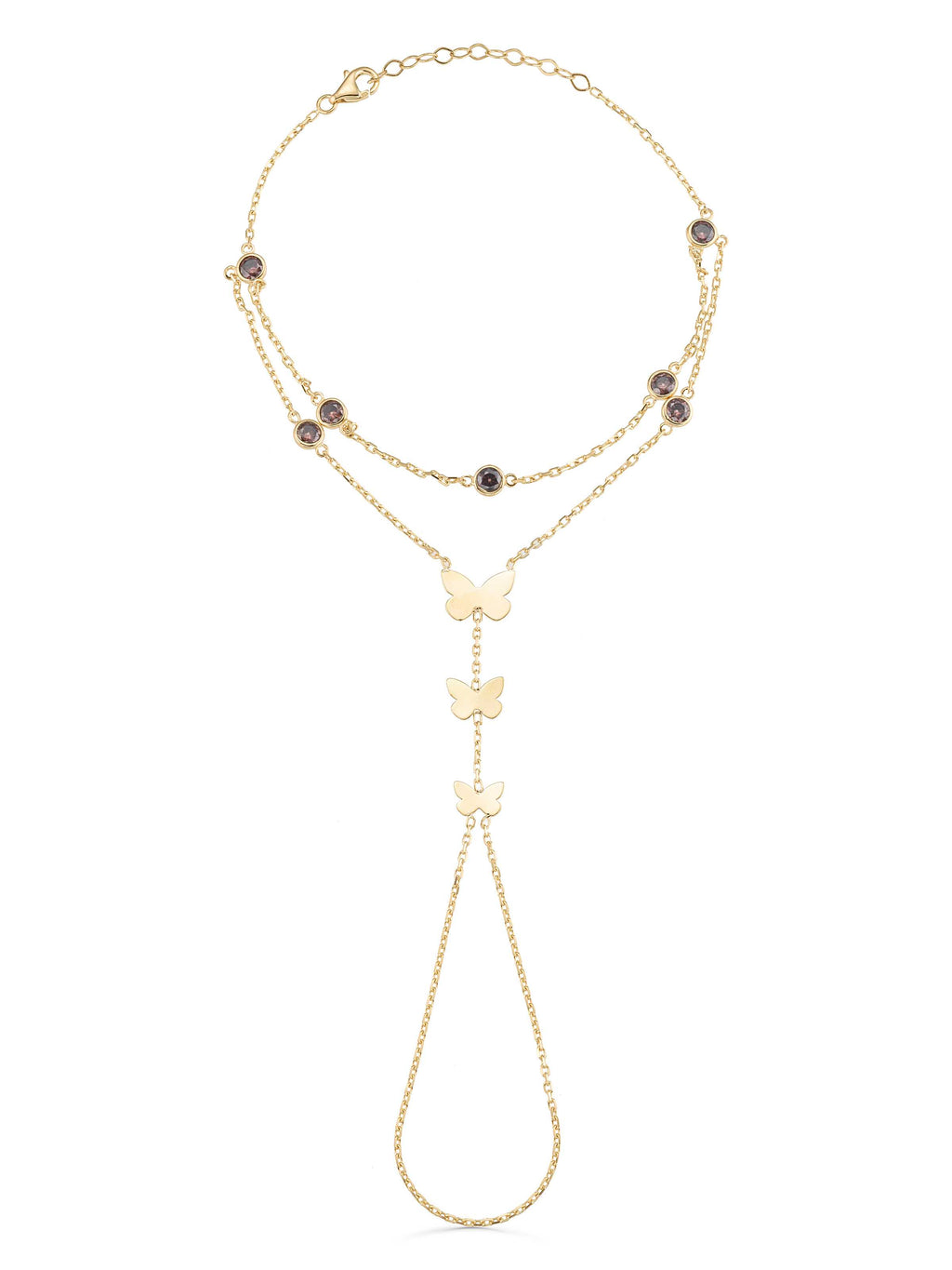 Triple Butterfly Double Chain Stone Hand Chain in 14K Gold by Elef Jewelry