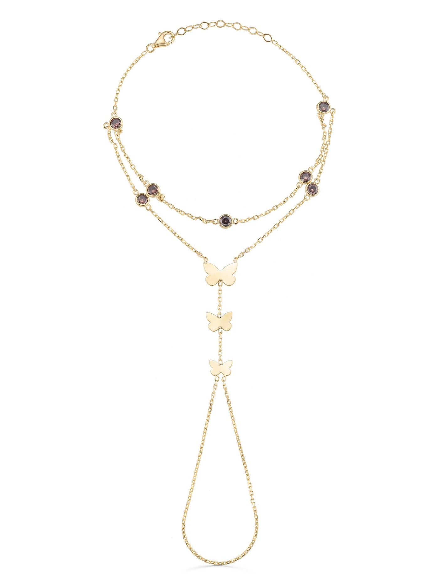 Triple Butterfly Double Chain Stone Hand Chain in 14K Gold by Elef Jewelry