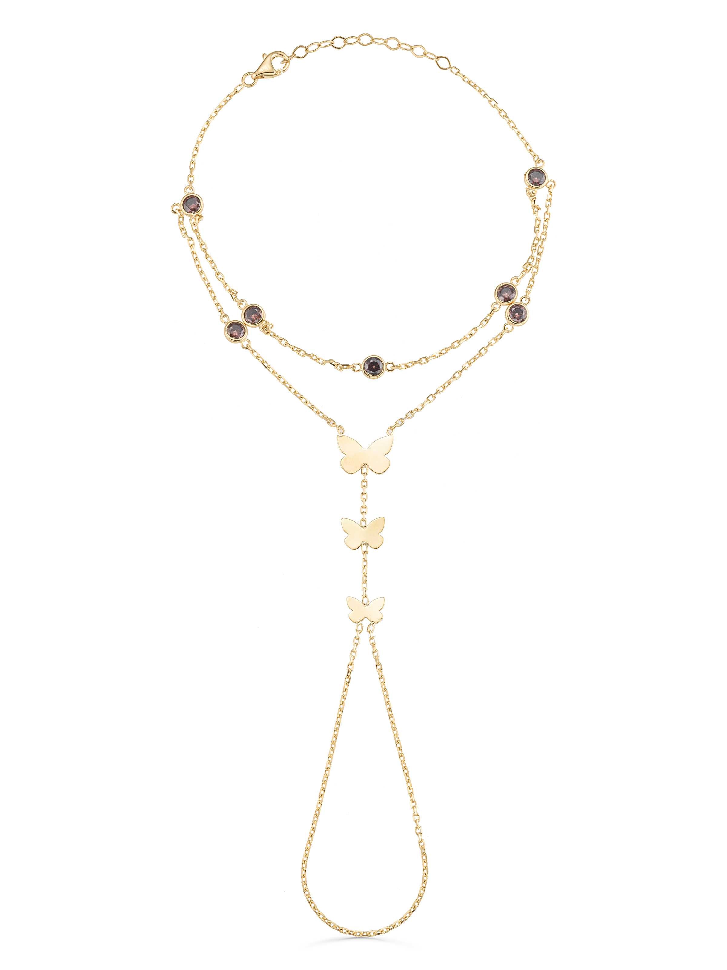 Triple Butterfly Double Chain Stone Hand Chain in 14K Gold by Elef Jewelry