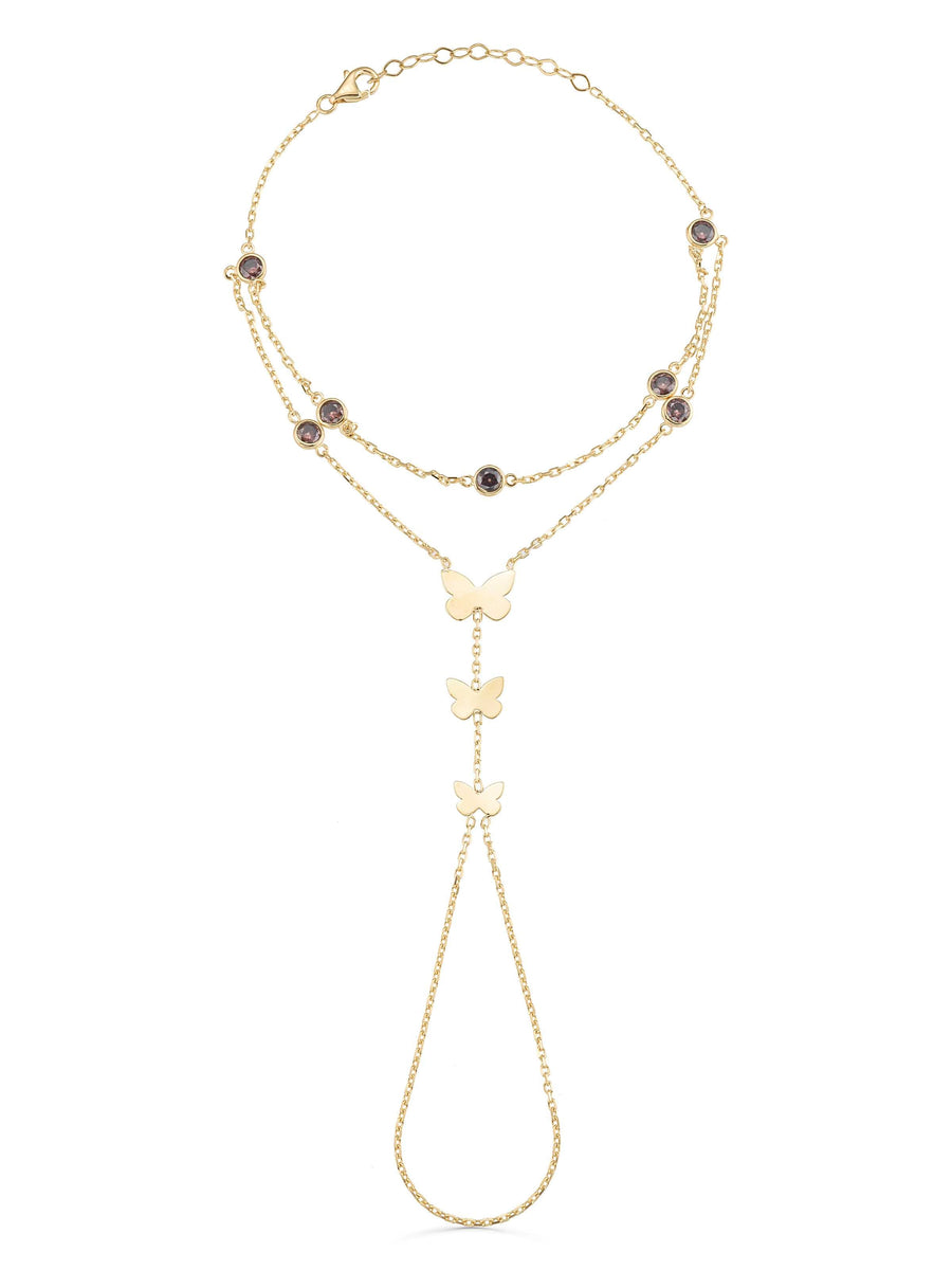 Triple Butterfly Double Chain Stone Hand Chain in 14K Gold