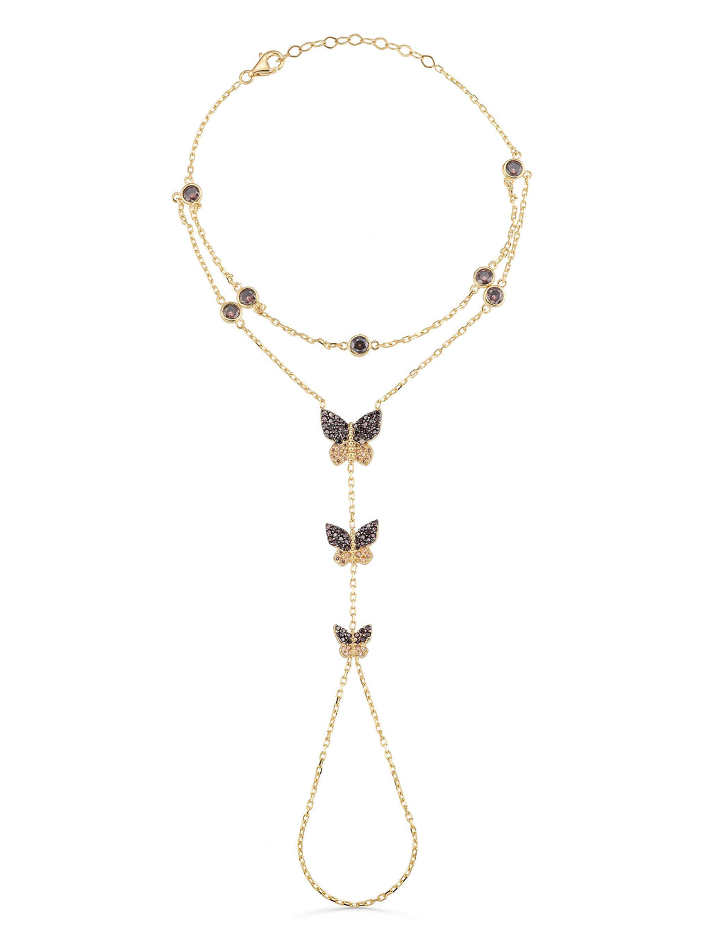 Triple Butterfly Black Zircon Stone Hand Chain in 14K Gold by Elef Jewelry