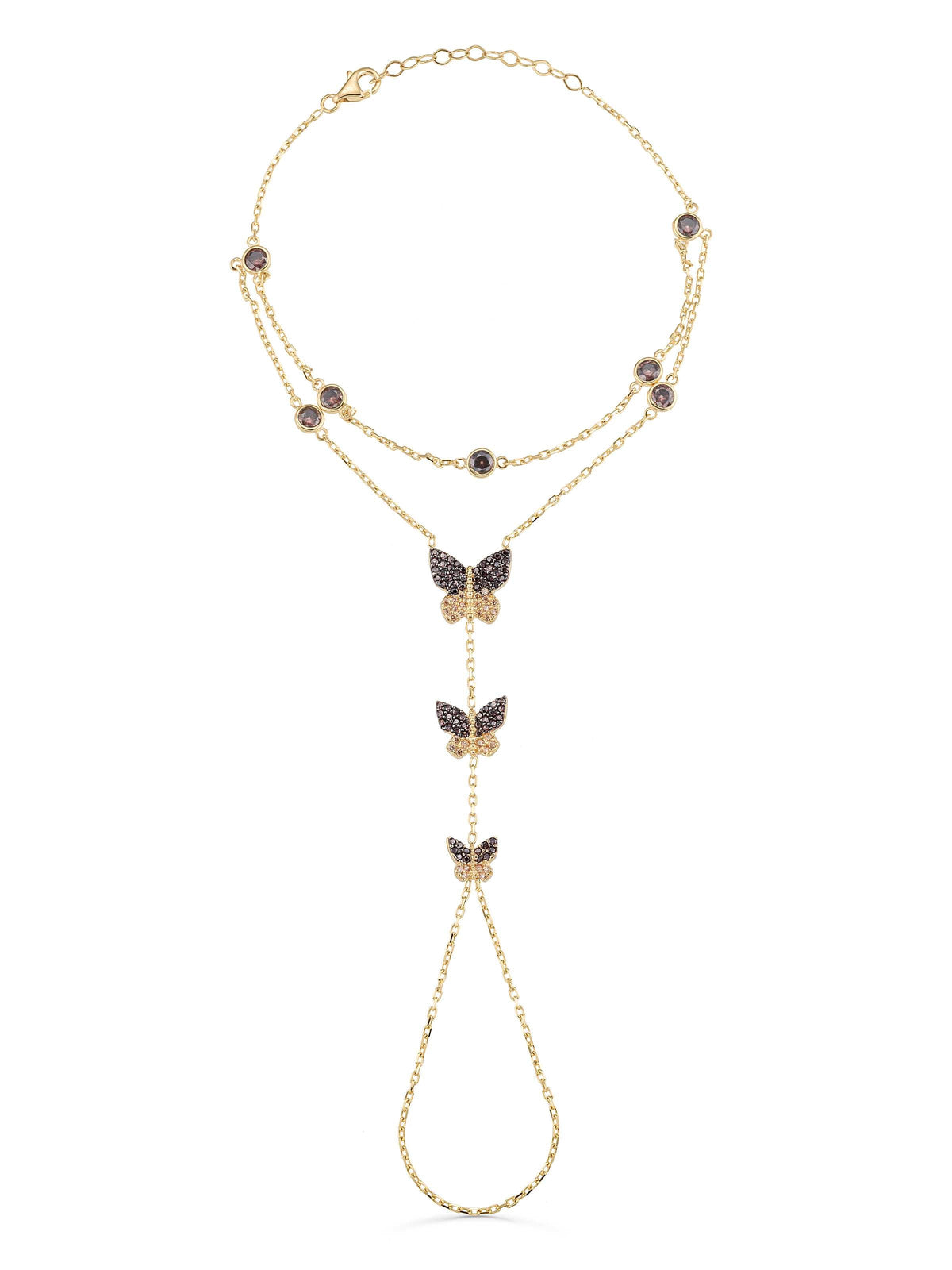 Triple Butterfly Black Zircon Stone Hand Chain in 14K Gold by Elef Jewelry