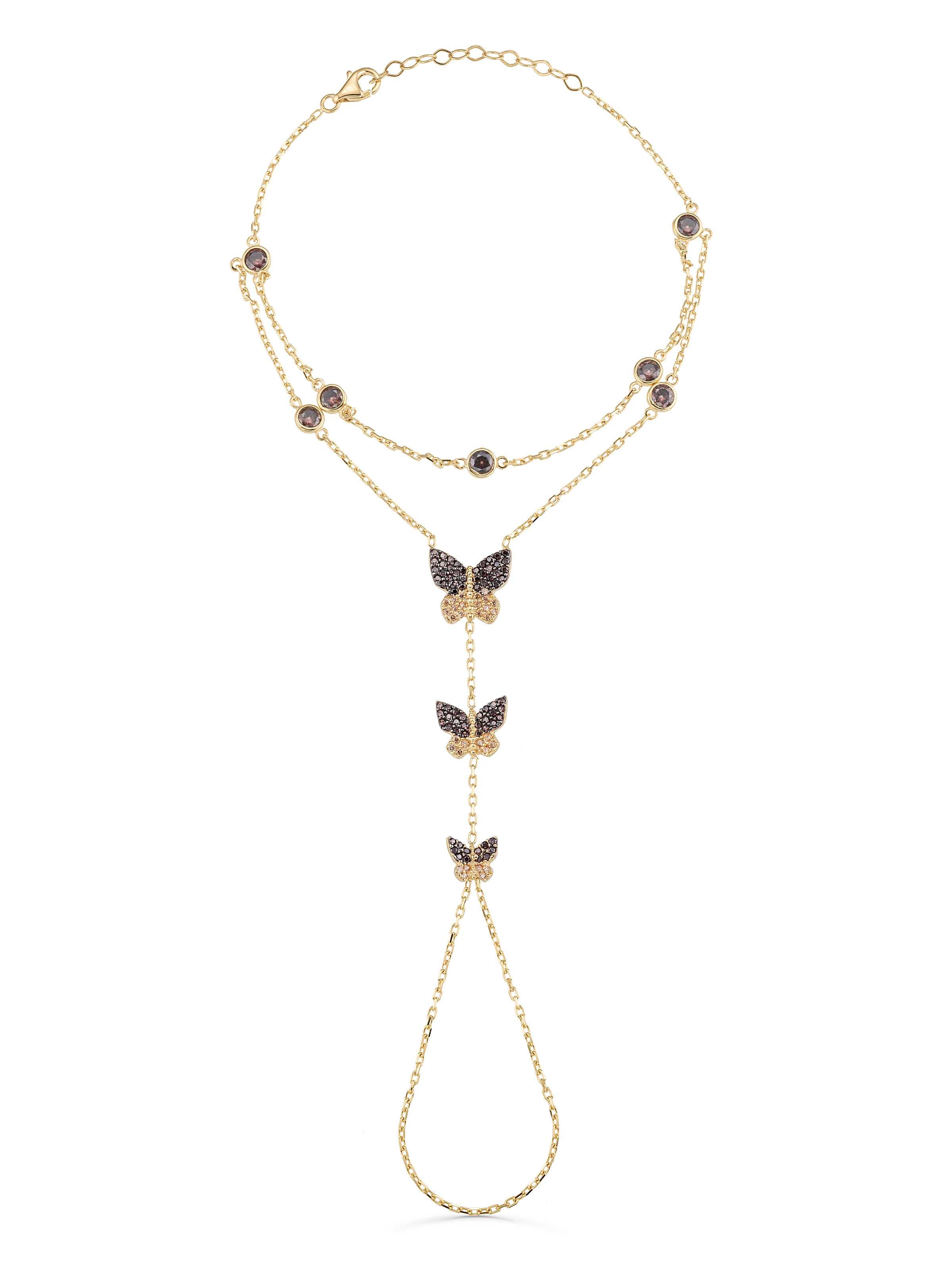Triple Butterfly Black Zircon Stone Hand Chain in 14K Gold by Elef Jewelry