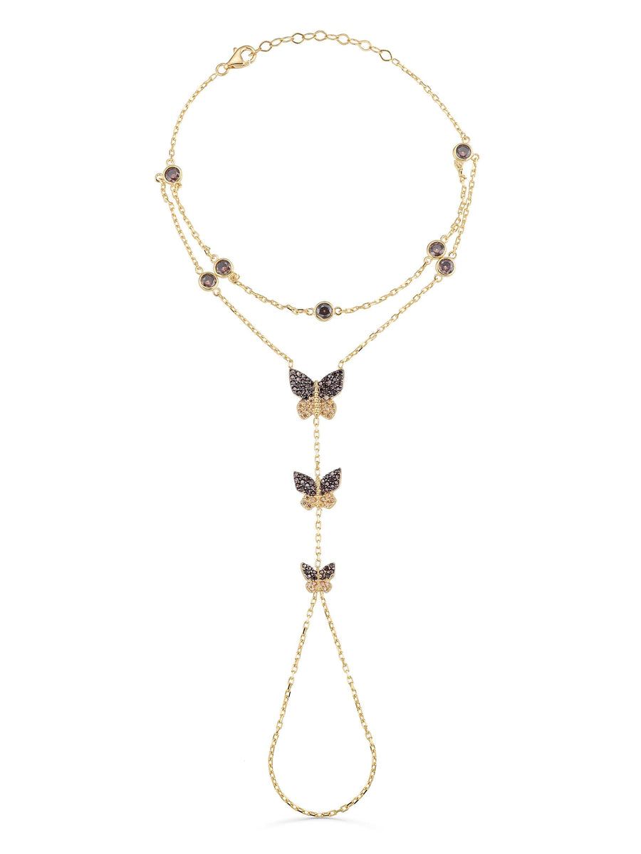 Triple Butterfly Black Zircon Stone Hand Chain in 14K Gold