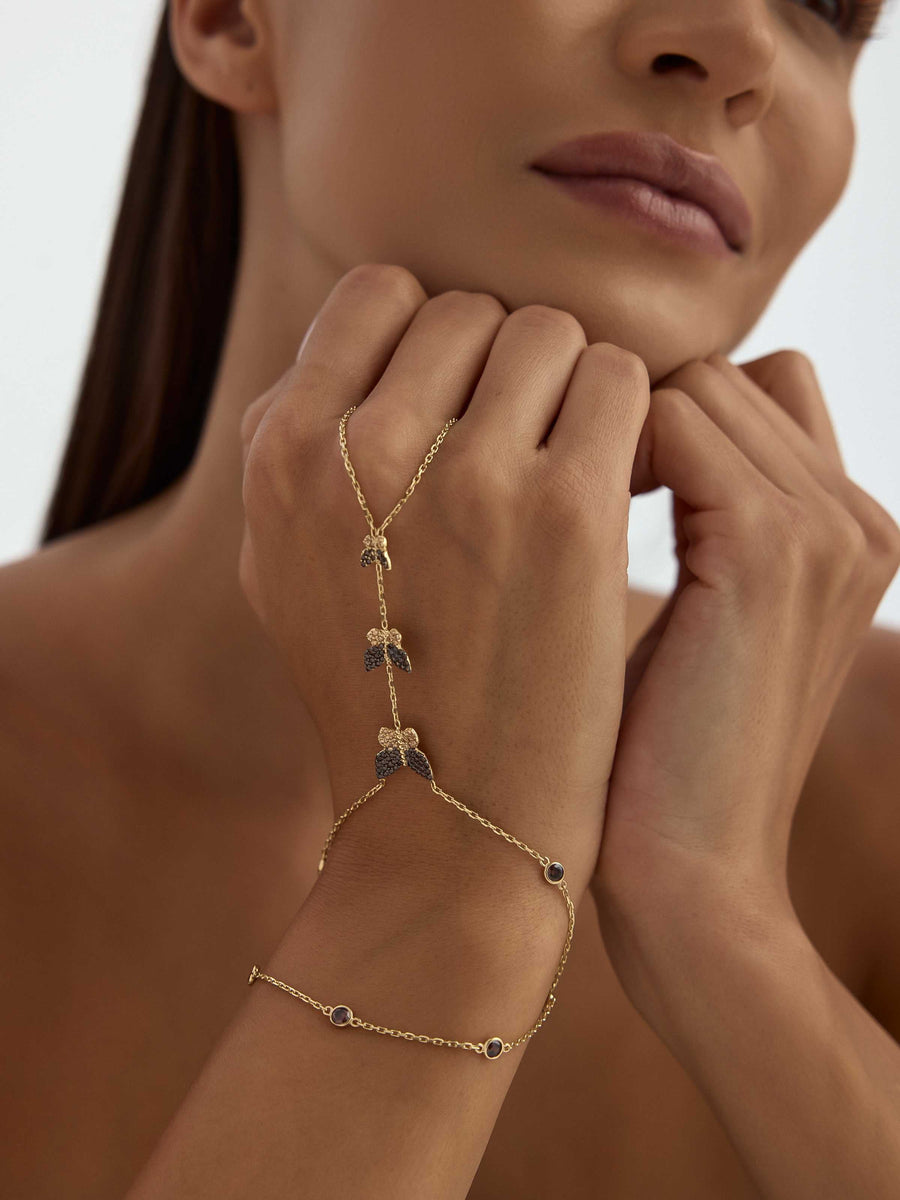 Triple Butterfly Black Zircon Stone Hand Chain in 14K Gold