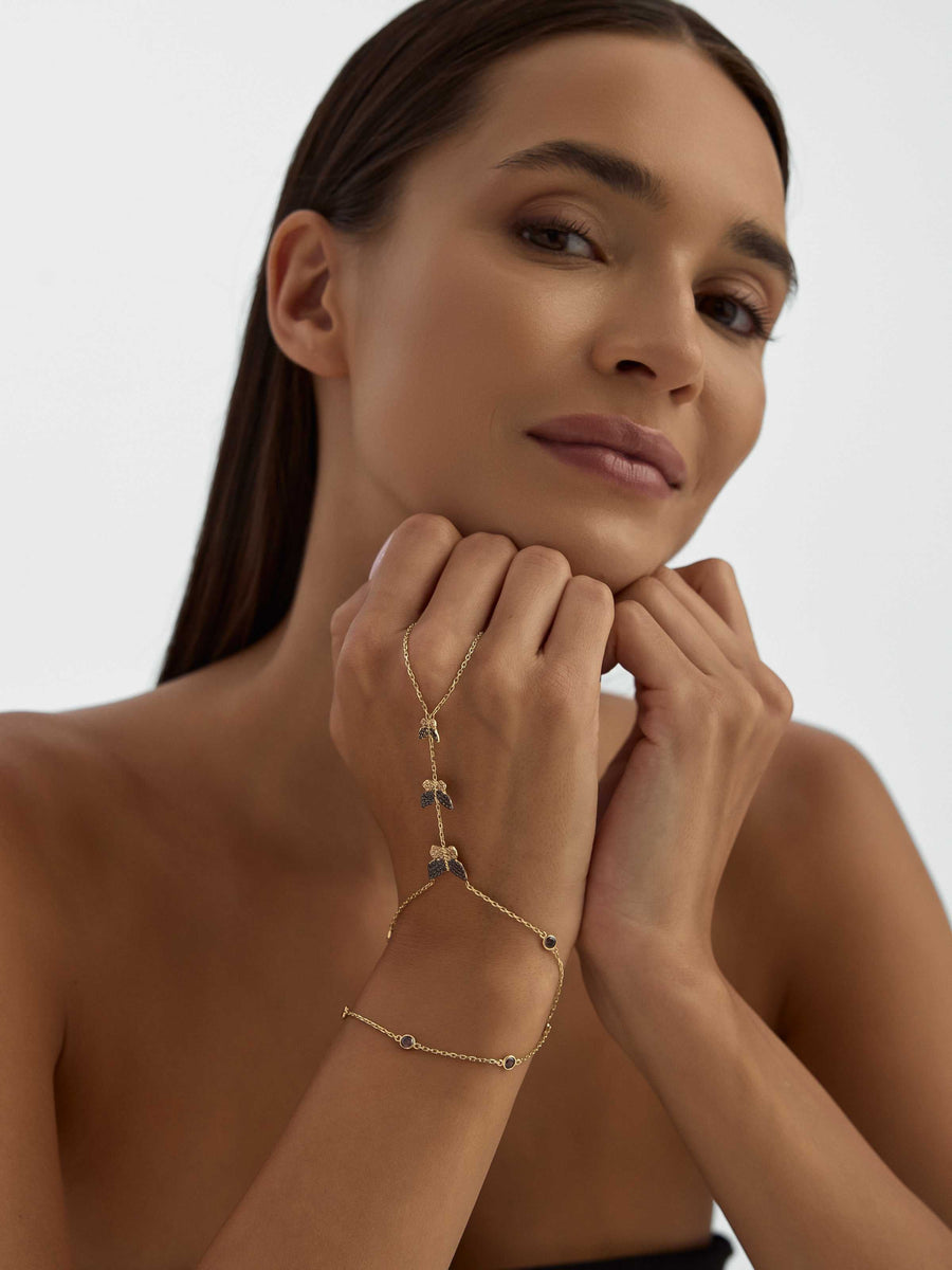 Triple Butterfly Black Zircon Stone Hand Chain in 14K Gold