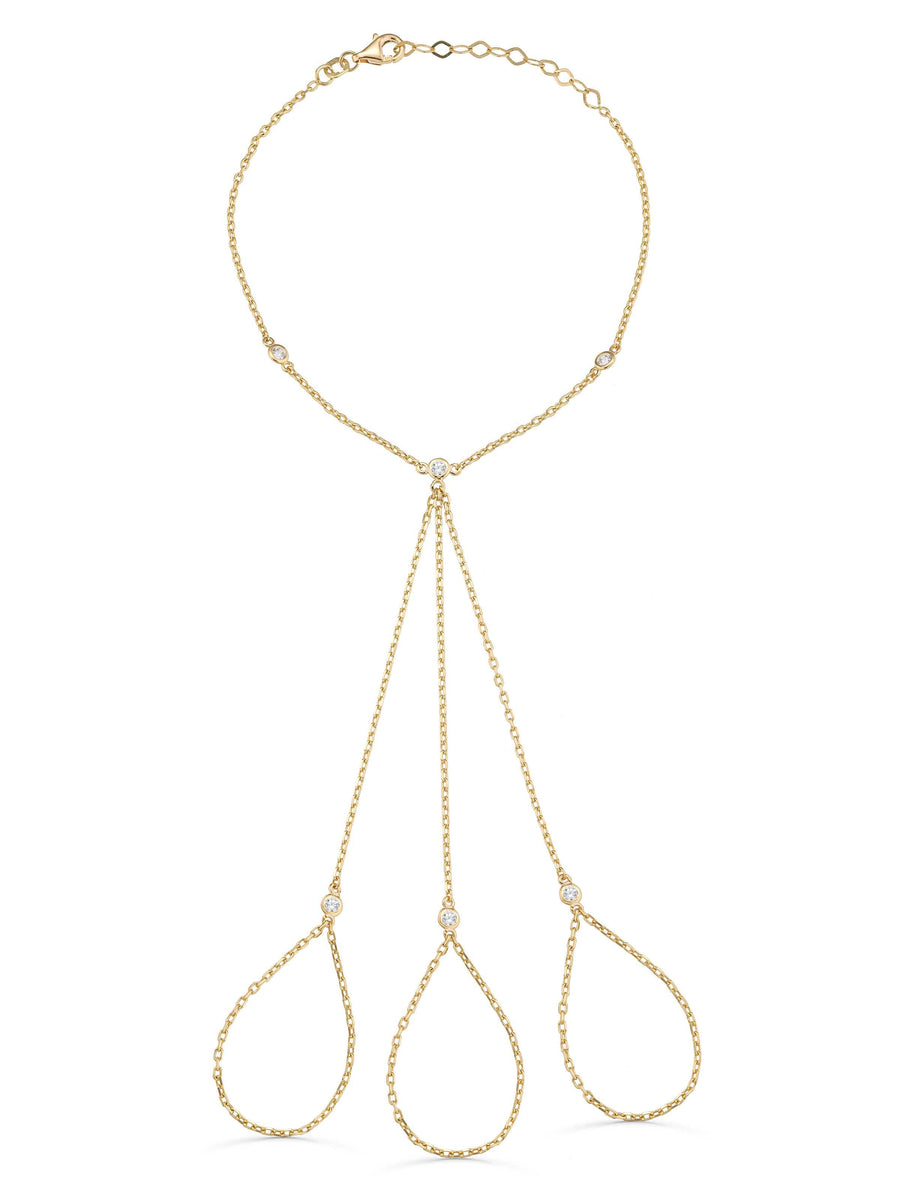 Triple Finger Minimal Zircon Hand Chain in 14K Gold