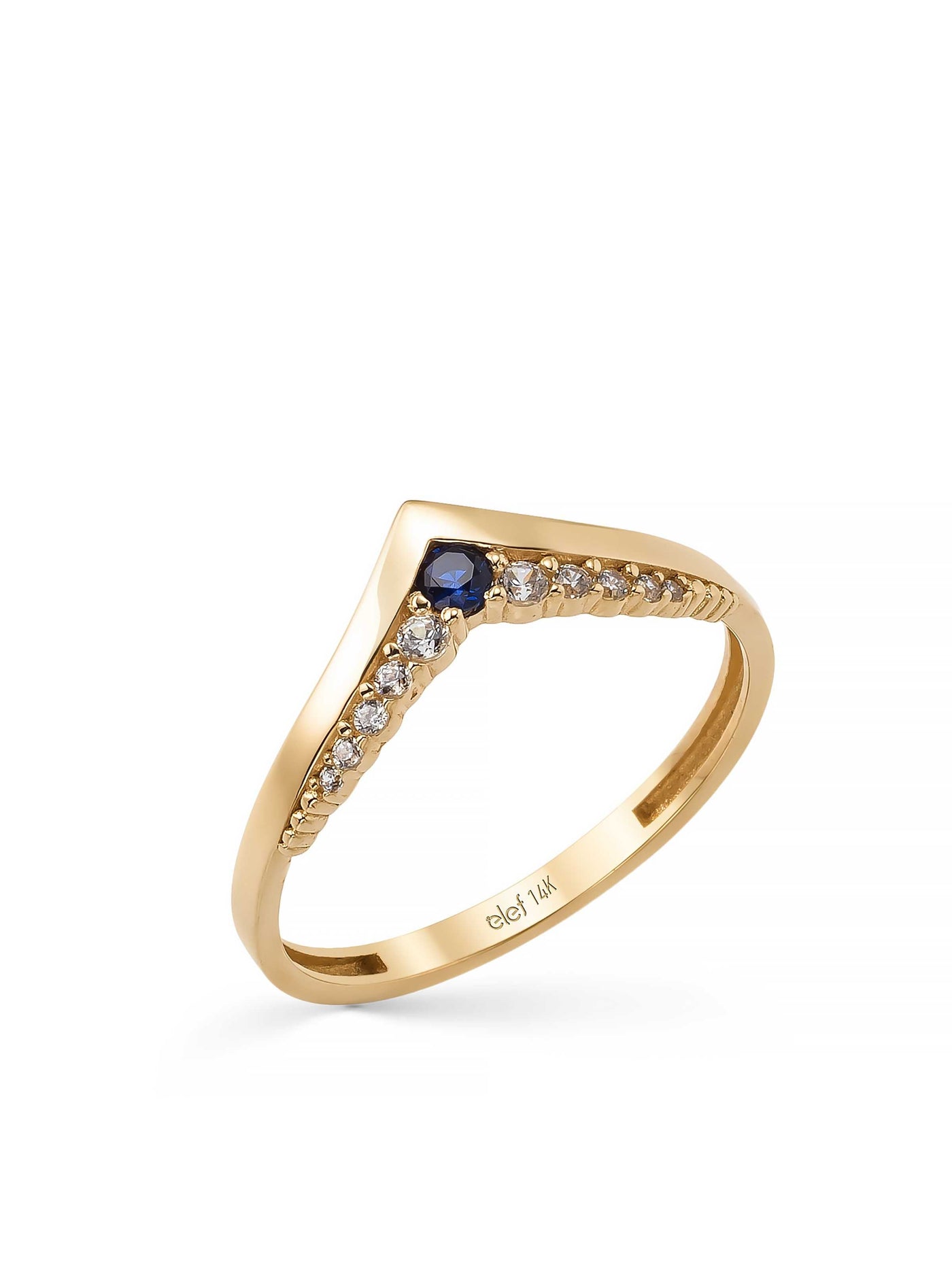 V-Shaped Sapphire-Inspired & Diamond-Inspired Ring in 14K Gold by Elef Jewelry
