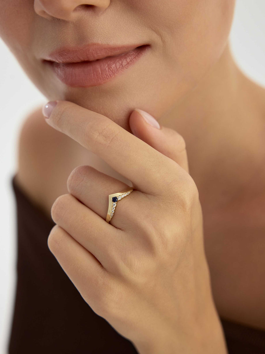 V-Shaped Sapphire-Inspired & Diamond-Inspired Ring in 14K Gold