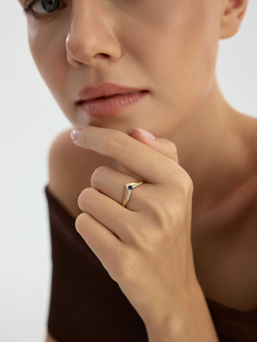 V-Shaped Sapphire-Inspired & Diamond-Inspired Ring in 14K Gold