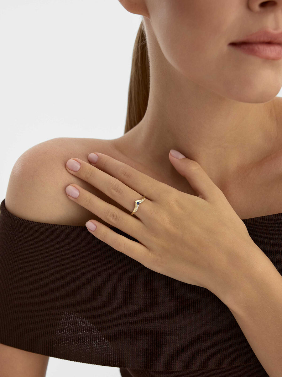 V-Shaped Sapphire-Inspired & Diamond-Inspired Ring in 14K Gold