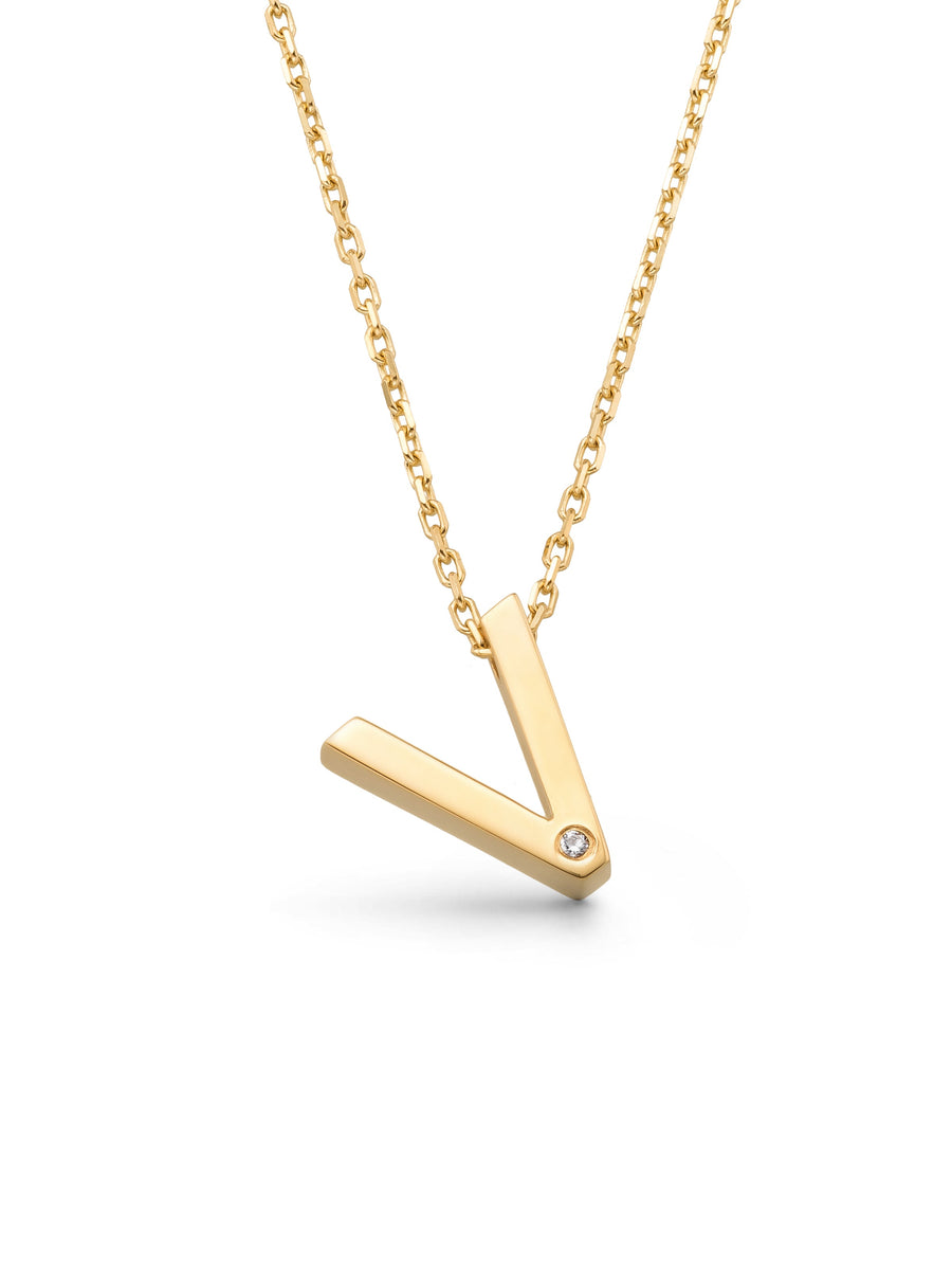 Letter V Stone Initial Necklace in 14K Gold