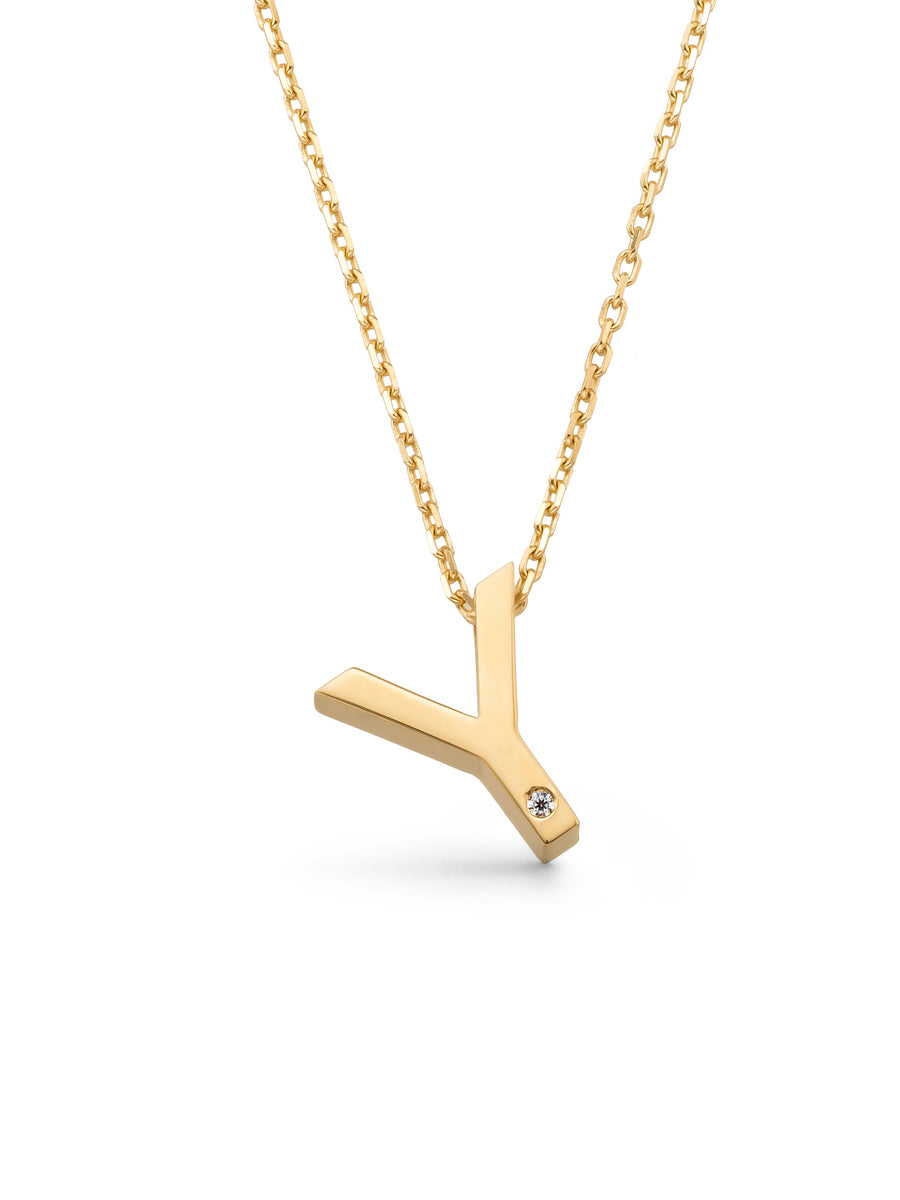 Letter Y Stone Initial Necklace in 14K Gold