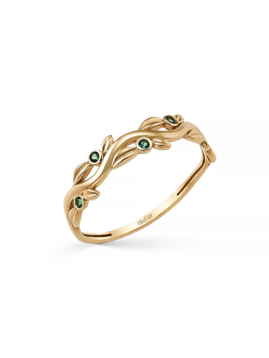Leaf Motif Emerald Green Stone Ring in 14K Gold