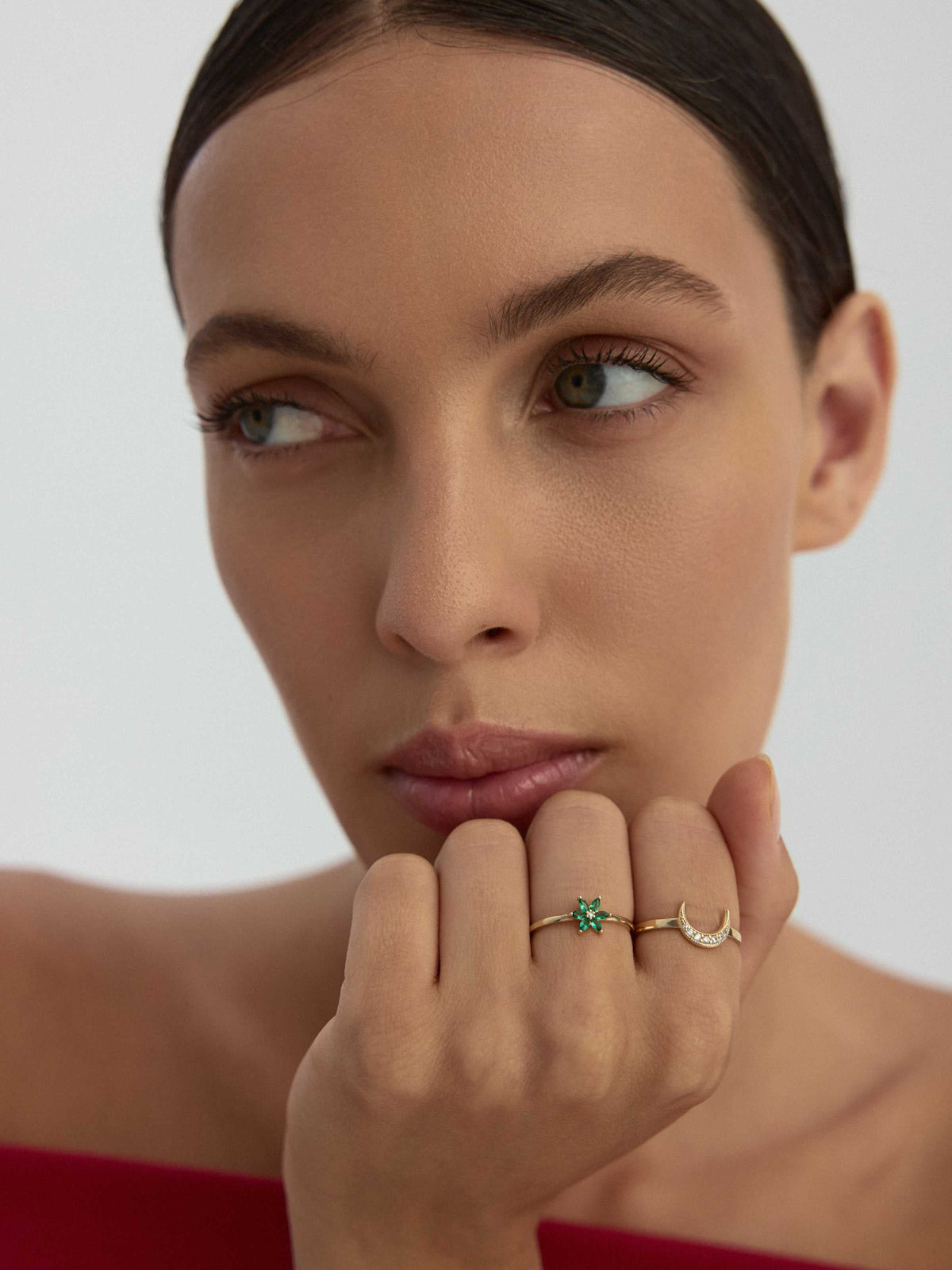 Green Flower Form Minimal Ring in 14K Gold by Elef Jewelry