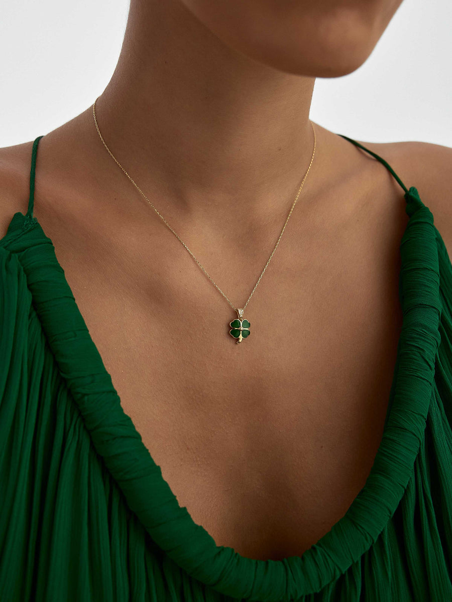 Green Enamel Four Leaf Clover Necklace in 14K Gold