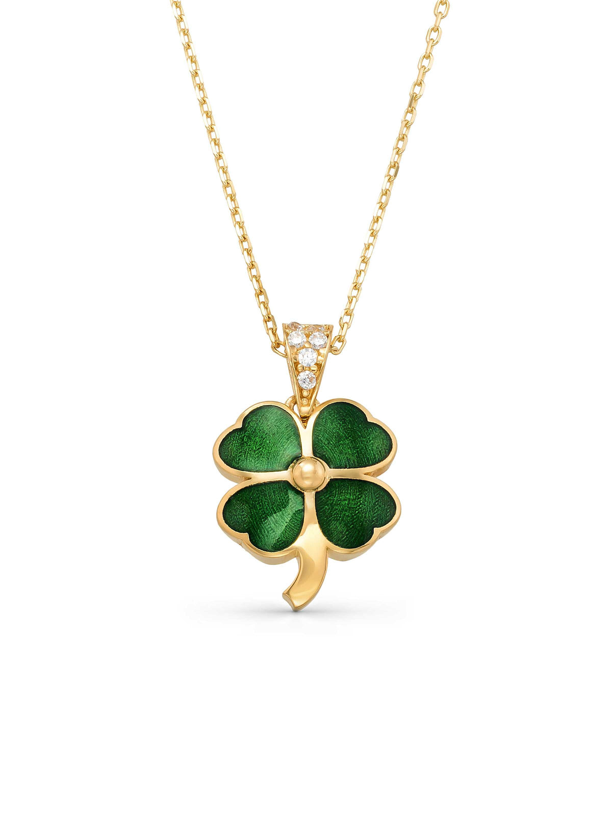Green Enamel Four Leaf Clover Necklace in 14K Gold by Elef Jewelry