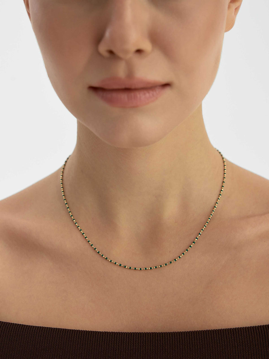 Green Cylinder Beaded Necklace in 14K Gold
