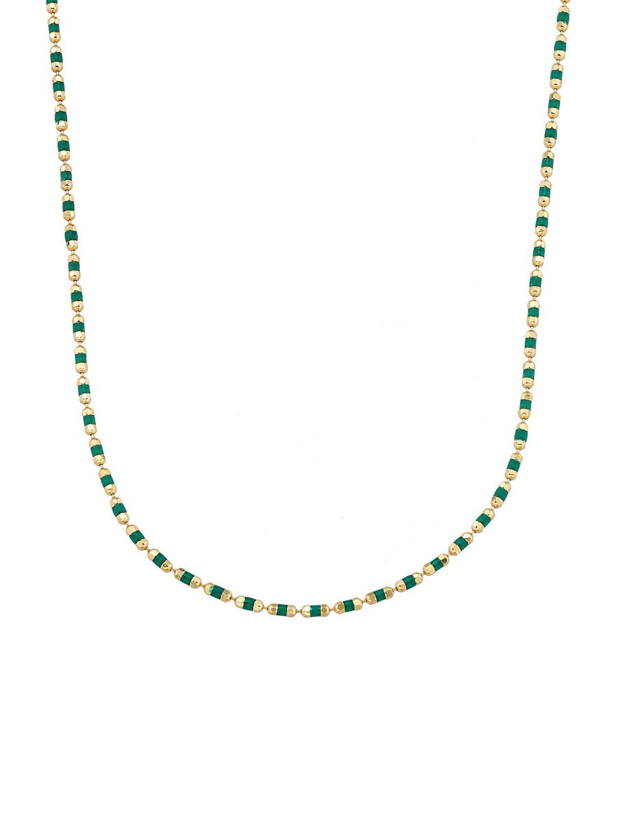 Green Cylinder Beaded Necklace in 14K Gold