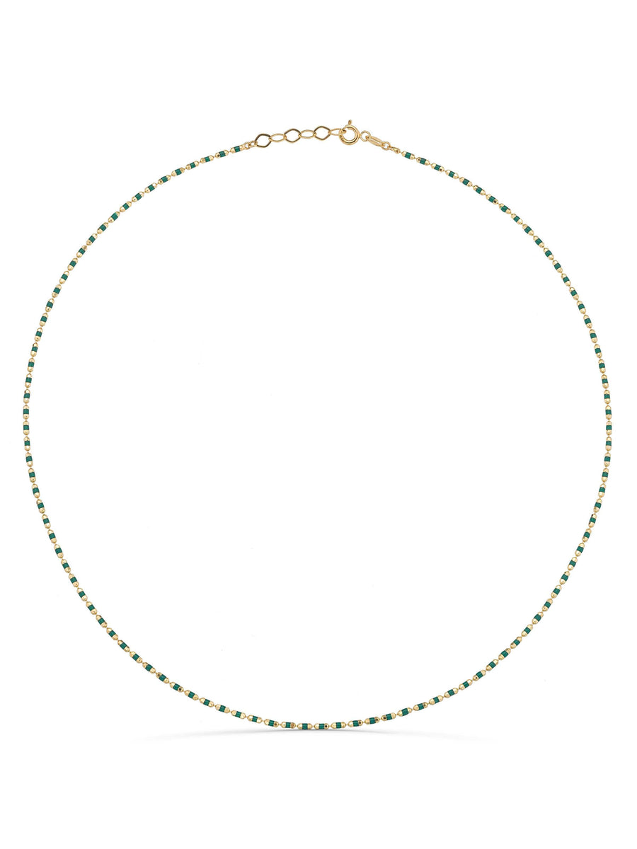 Green Cylinder Beaded Necklace in 14K Gold