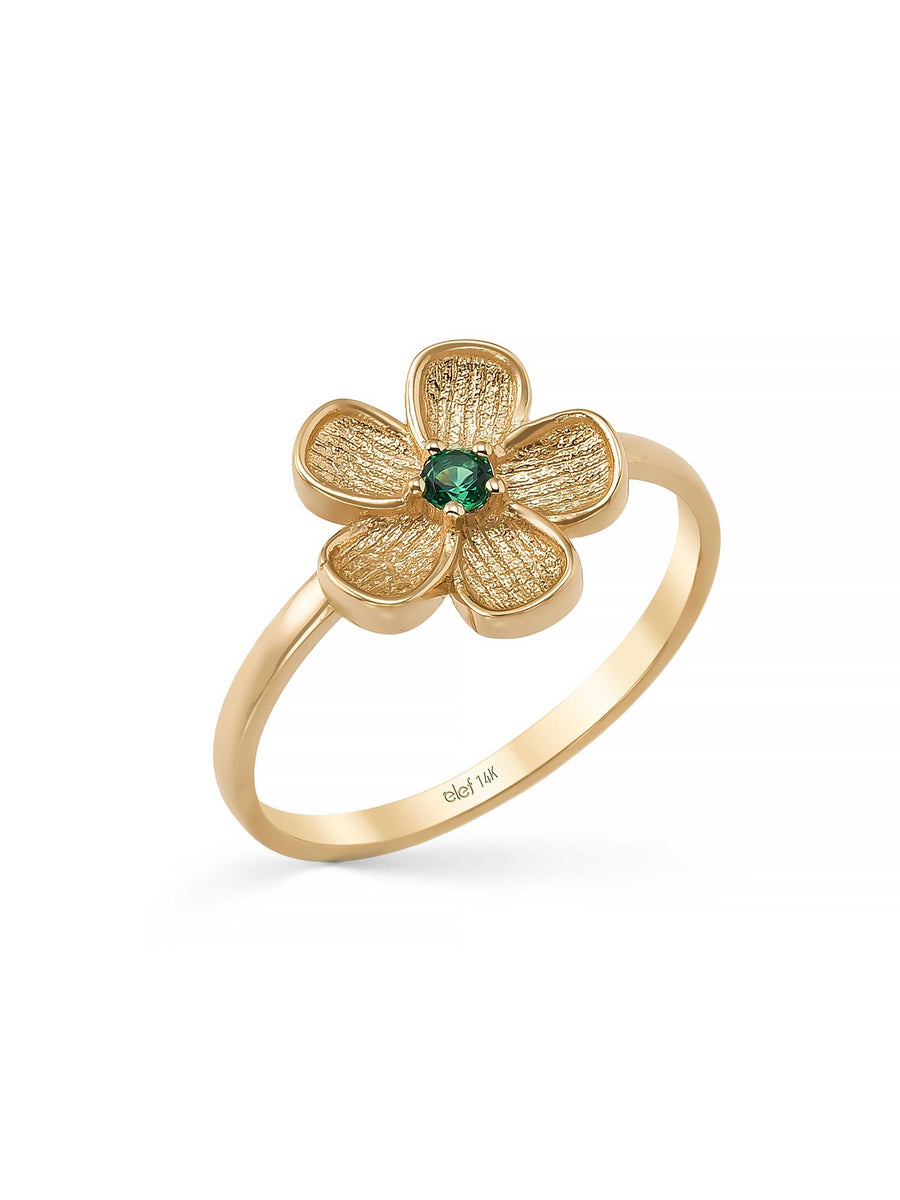 Green Stone Flower Motif Ring in 14K Gold