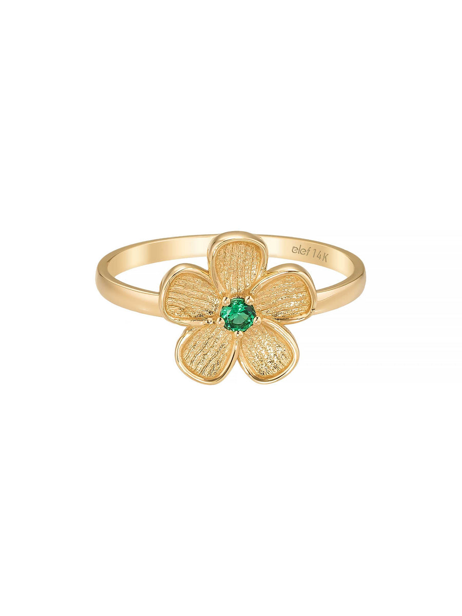 Green Stone Flower Motif Ring in 14K Gold