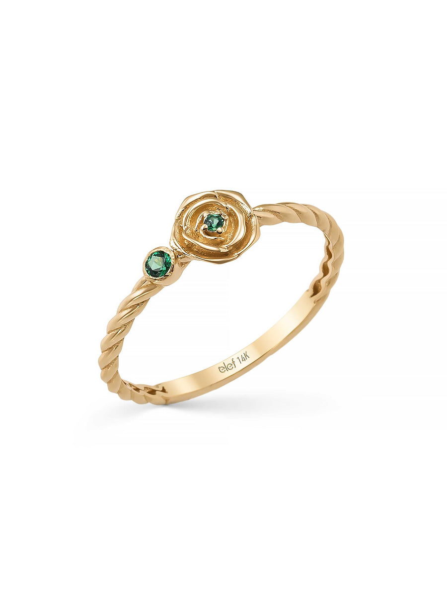 Green Stone Rose Motif Ring in 14K Gold
