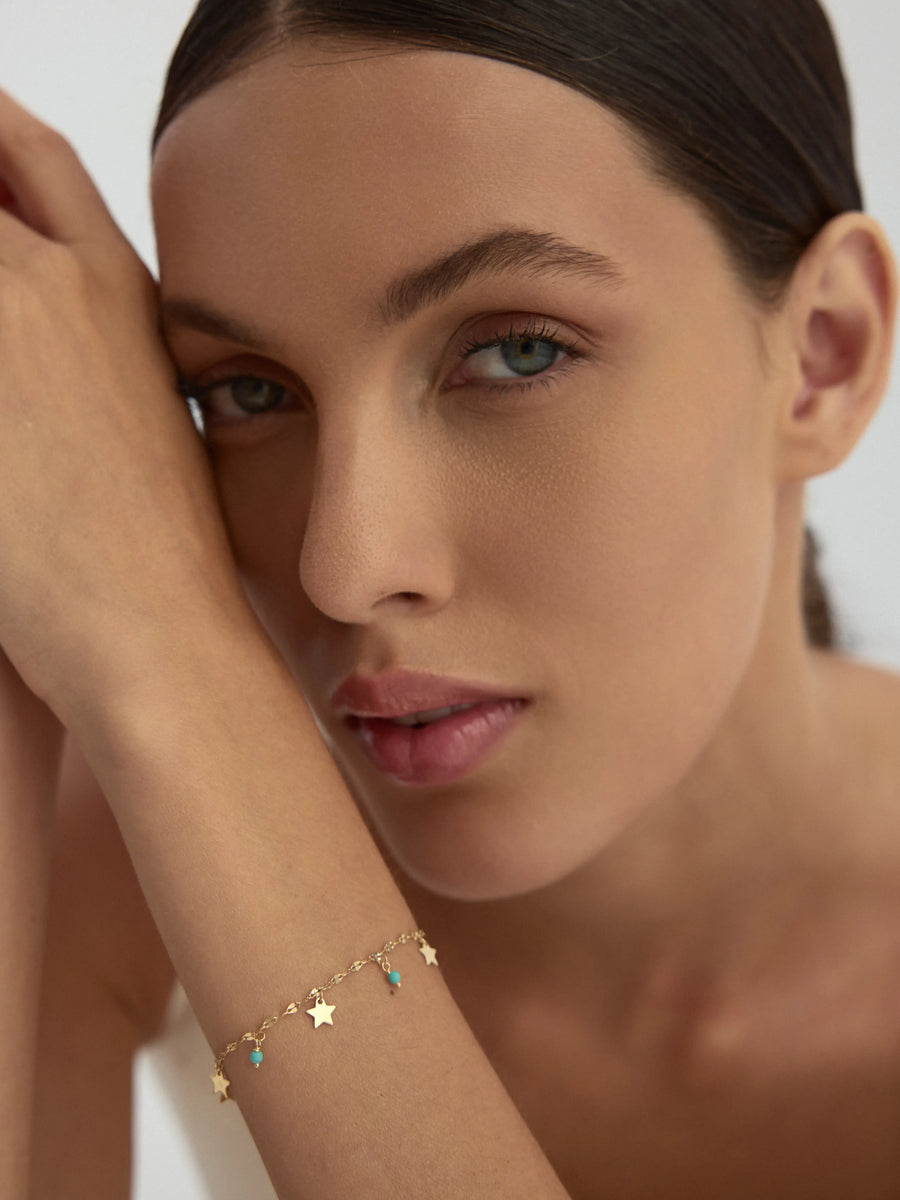 Star Turquoise Stone Accents Bracelet in 14K Gold