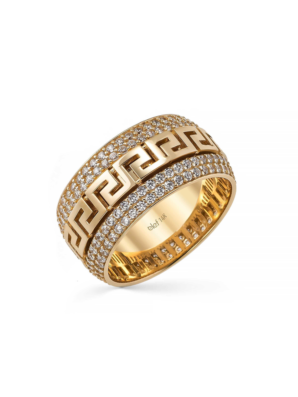 Greek Patterned Stone-Set Ring in 14K Gold by Elef Jewelry