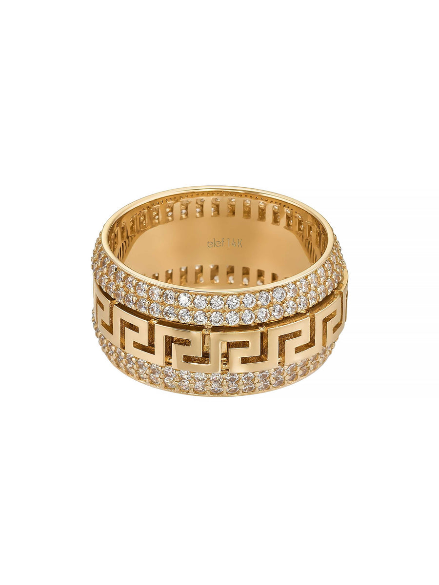 Greek Patterned Stone-Set Ring in 14K Gold
