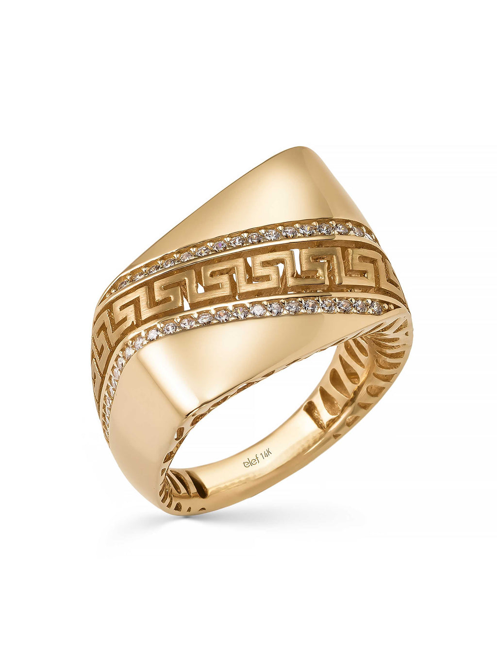 Greek Patterned Stone-Set Ring in 14K Gold by Elef Jewelry