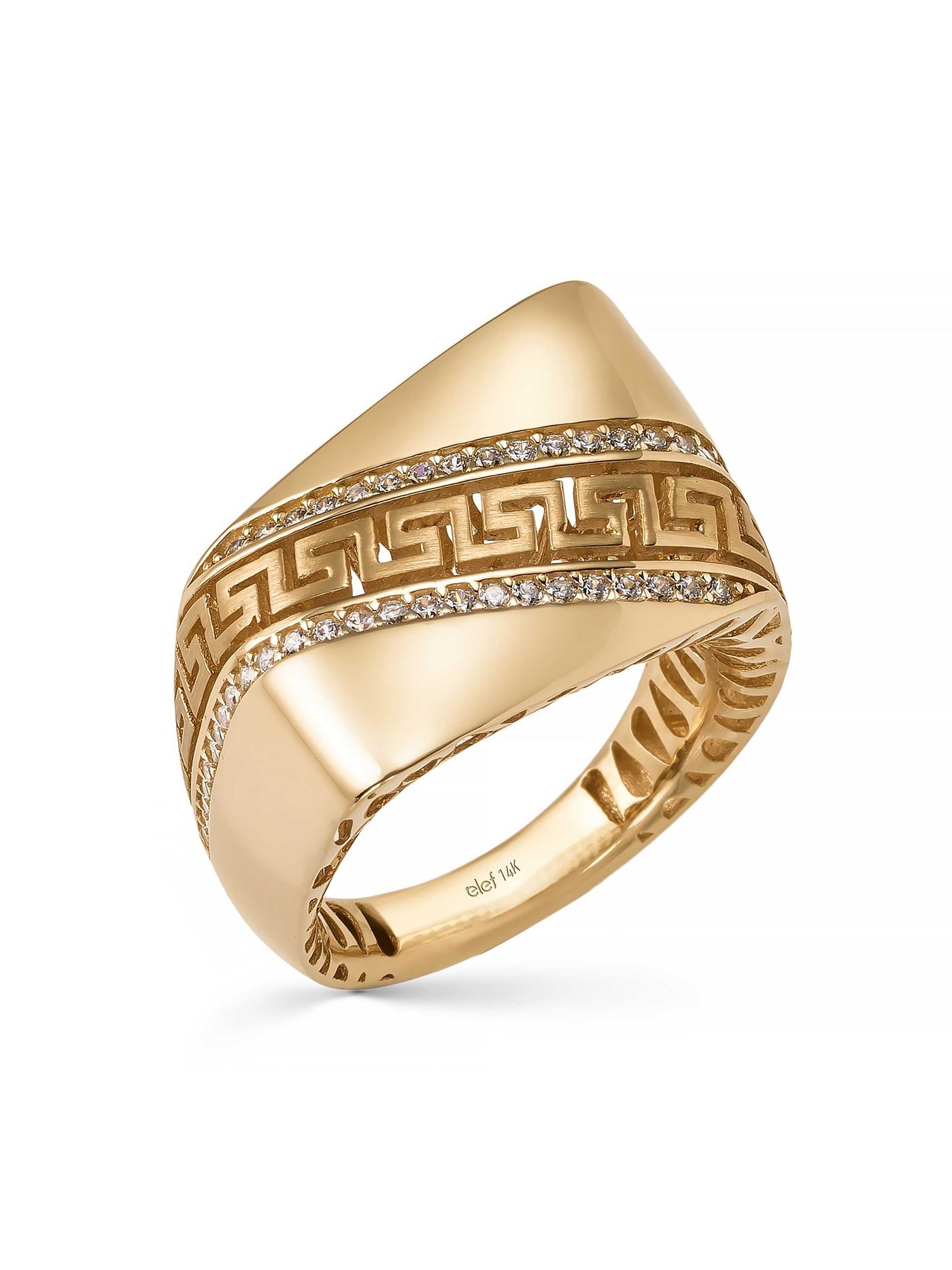 Greek Patterned Stone-Set Ring in 14K Gold by Elef Jewelry
