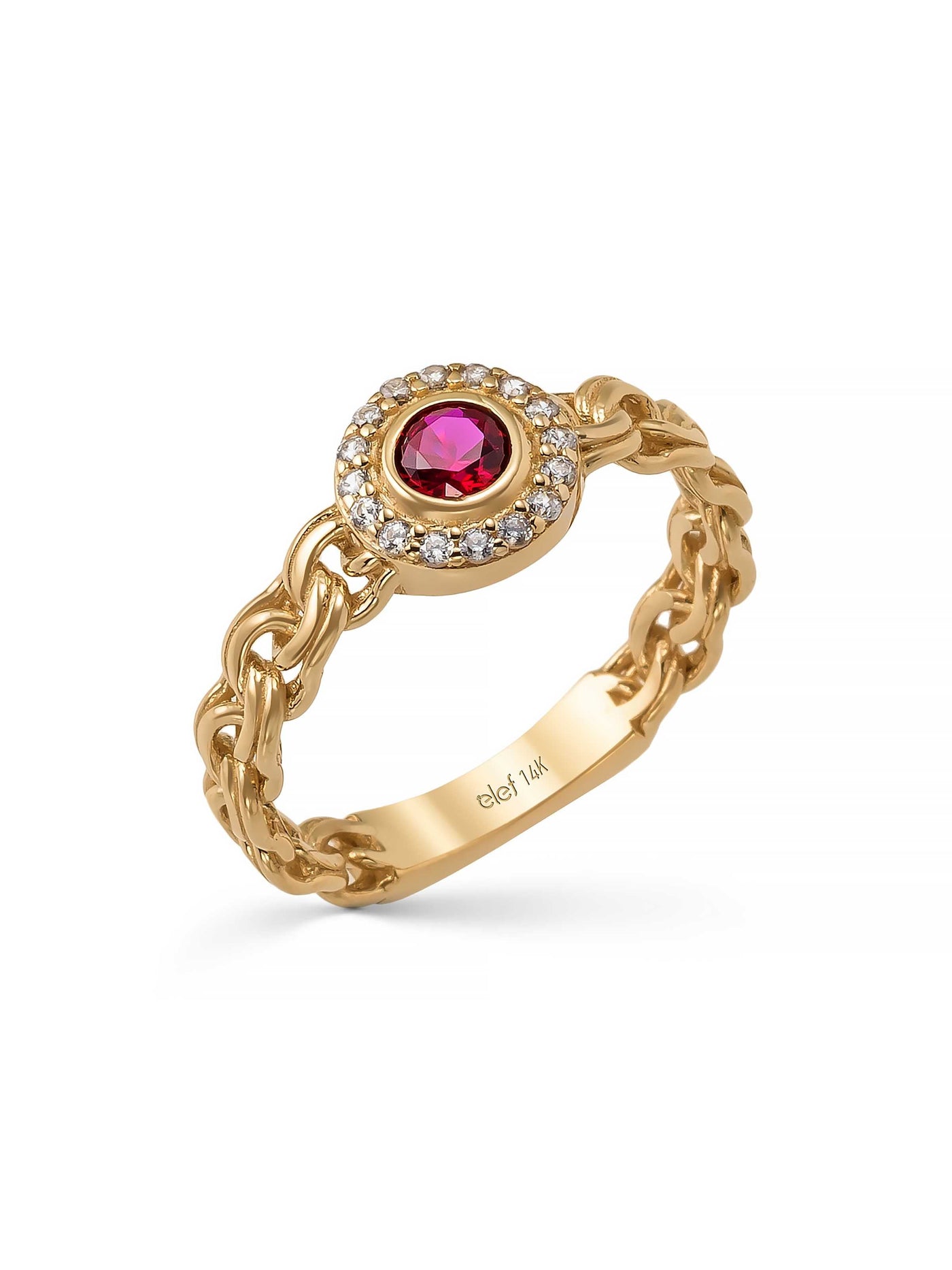 Chain Body Ruby-Inspired Stone Halo Ring in 14K Gold by Elef Jewelry